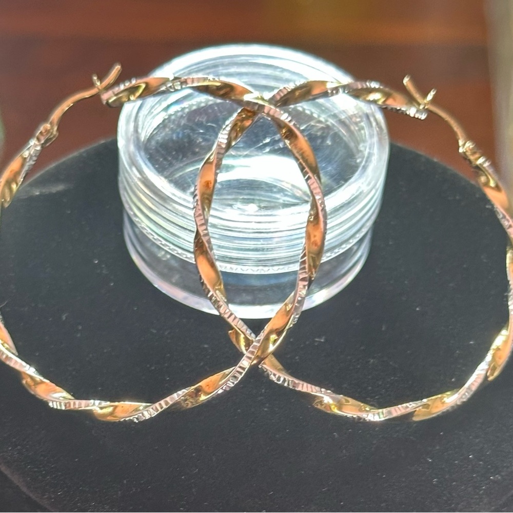 Sterling Silver Twist Hoop Earrings with Gold Tones - 2" Diameter 6g
